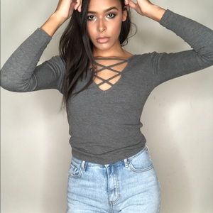 Grey lace up long sleeve top